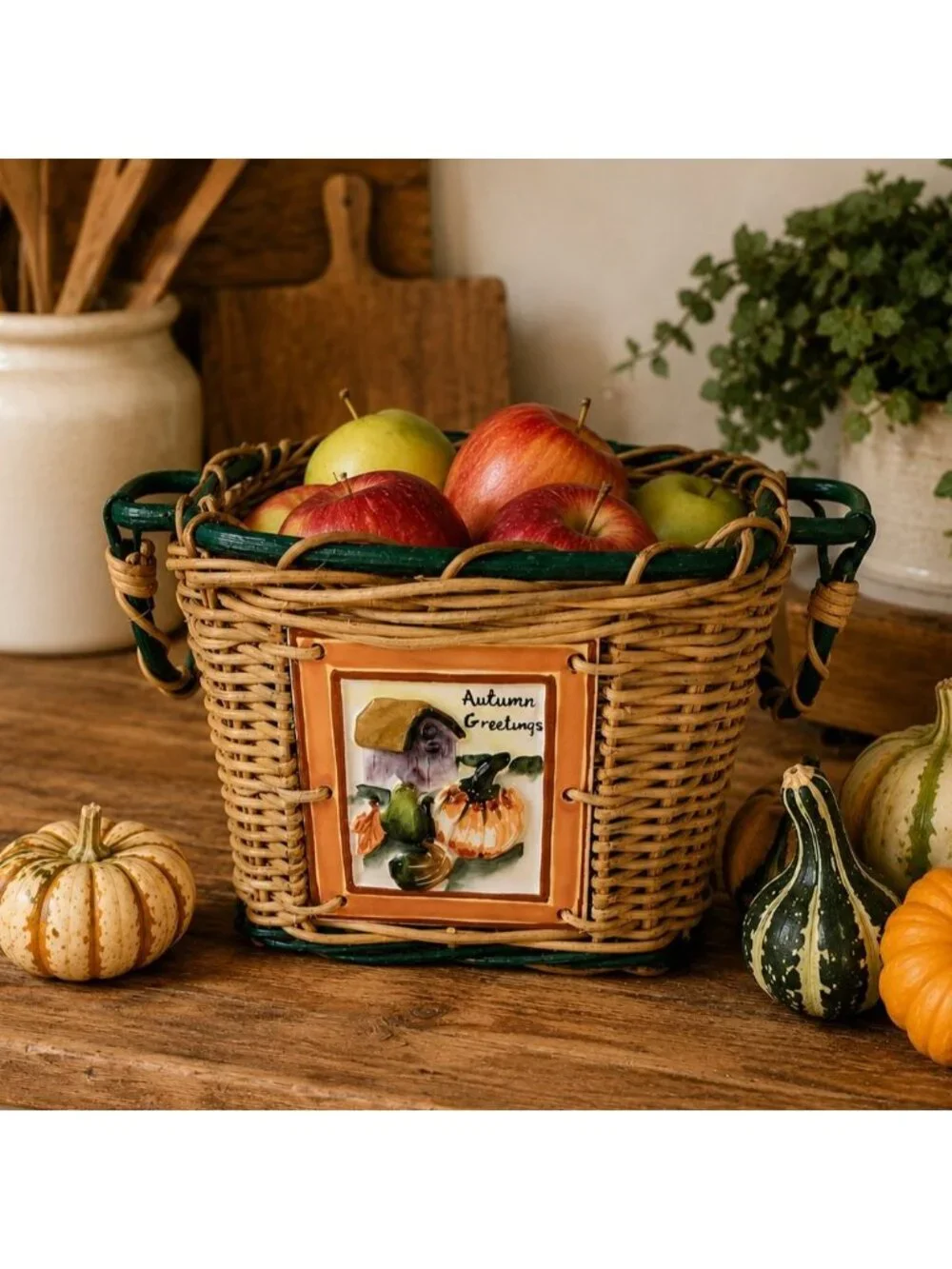 Vintage Autumn Greetings Wicker Basket Hand Painted Tile Cozy Harvest Decor